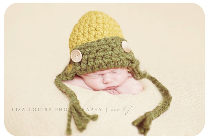Crochet Baby Aviator Hat- citron yellow and grass green