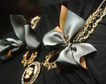 Inspired by FENTON/FALLON Necklace - Black Glass Cameo, Onyx gemstones and Swarovski crystal with Silk Bow