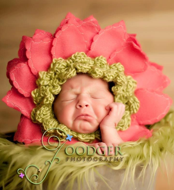 Ready to Ship... Lime with Dark Pink Petals Gerber Daisy Bonnet newborn baby prop flower hat .. Wonderful for keepsake portraits & props