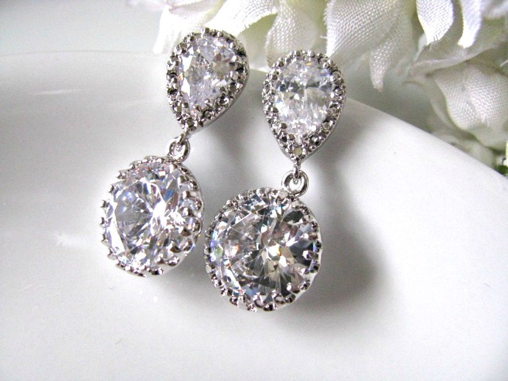 Nickle Free Matte Rhodium Plated Cubic Zirconia Ear Posts With Rhodium Plated Framed Cubic Zirconia Crystal Round Dangle, Bride, Bridesmaids