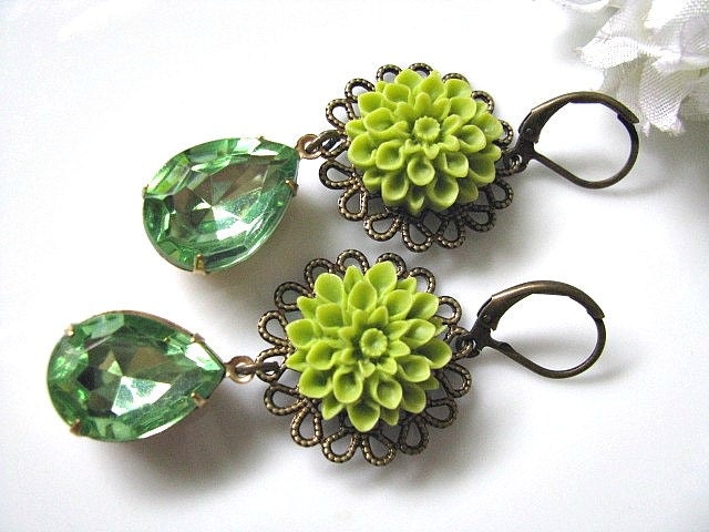Wasabi Green Dahlia Flower With Vintage Faceted Peridot Teardrops Glass Jewels Earrings - Bride, Bridesmaid Earrings, Gift For Her