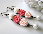 Pink Flowers Collage With White Glass Pearl Dangle Earrings - Shabby Chic, Rose Flower, Daisy Flower, Gift For Her , Wedding Gift