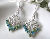 Swarovski Crystals Peacock Chandelier Earrings - Bridal Earrings, Bridesmaid Earrings, Bridal Jewelry, Indicolite, Emerald, Gold