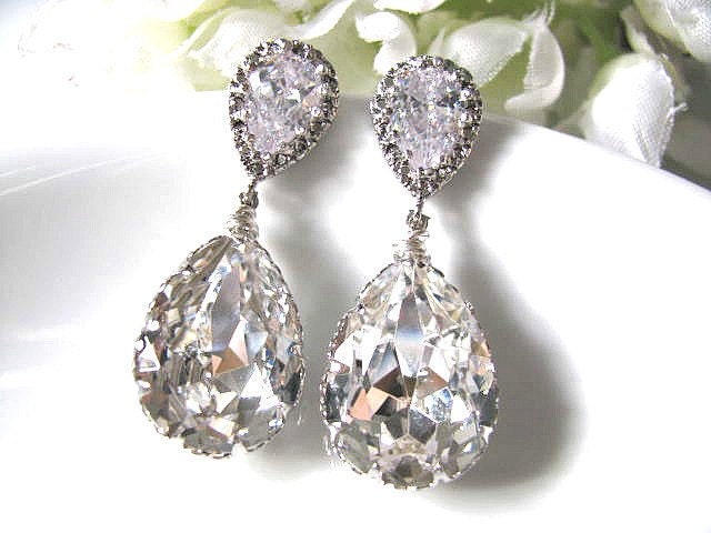 Nickle Free Matte Rhodium Plated Cubic Zirconia Ear Posts With Clear Swarovski Crystal Pear Drops Bridal Earrings, Bridemaids Earrings