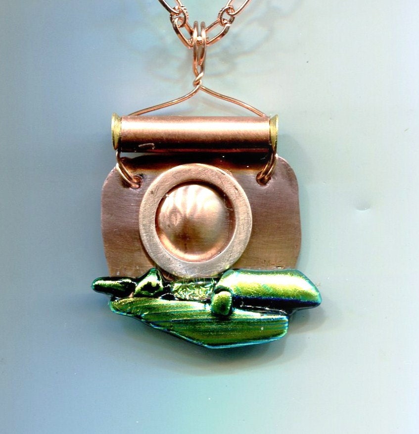 GREEN  TRANQUILITY    Dichroic  and copper dapped, wrapped and screwed pendant