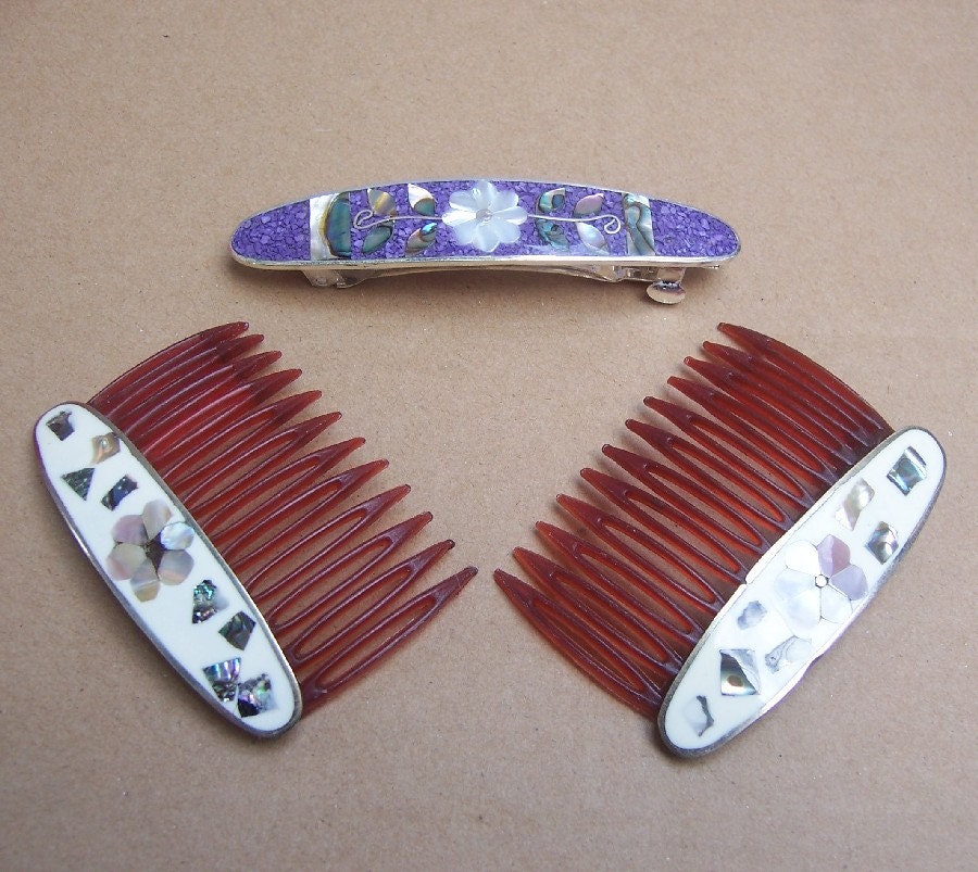 Vintage hair accessories Mexican Alpaca abalone by ElrondsEmporium