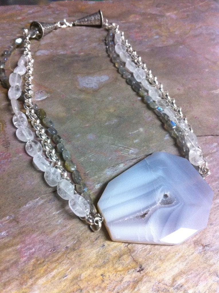 Sky Blue and Gray Druzy Agate Labrodorite and Moonstone Chunky Stone Necklace, A Druzy Day