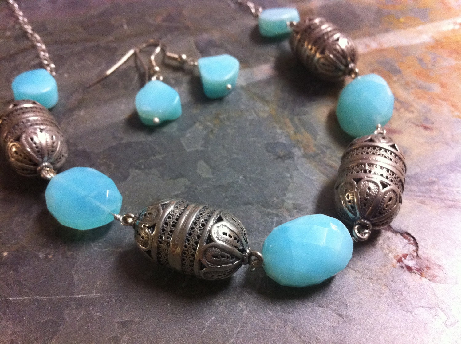 Sterling Silver Filigree and Peruvian Opal Necklace and Earring Set, Cathedral of the Caribbean