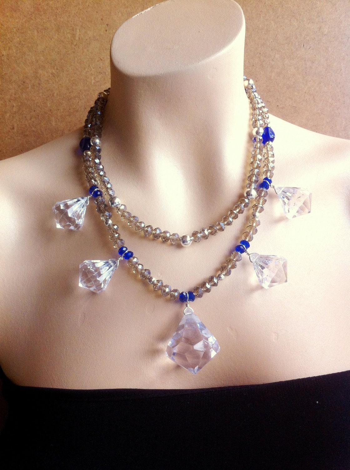 Sparkling Crystal Chandelier double strand Bib Statement Necklace Long or Short Blue and Gray, Imperial Ball