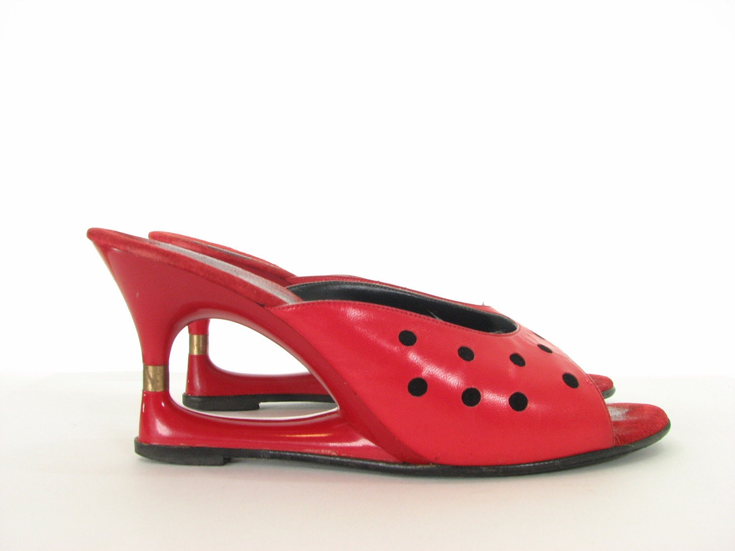 60s Red Lady Bug Pillar Retro Wedge Heels 7 1/2-8