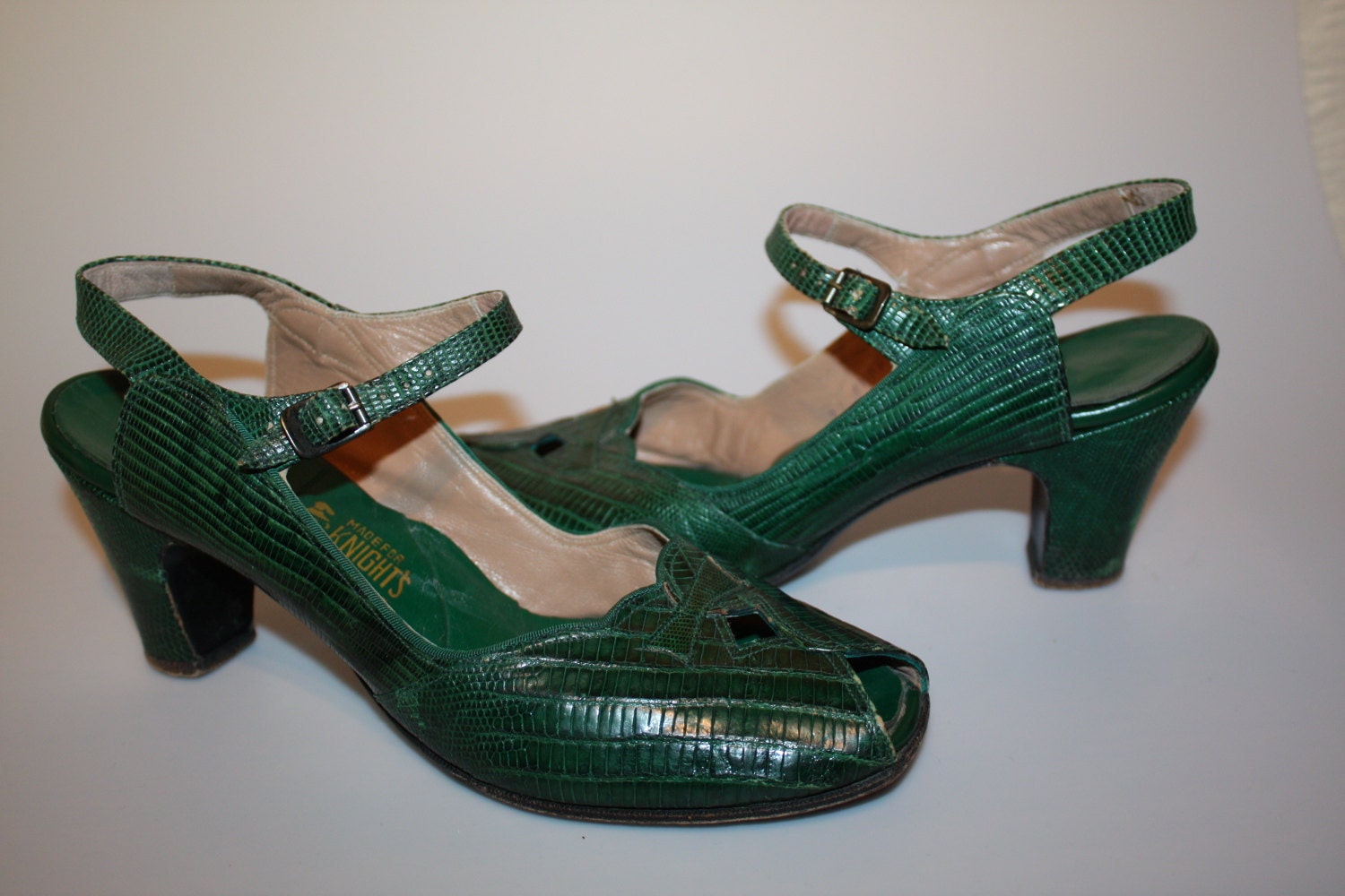 Swing Dance - 1940s WWII Green Reptile Leather Slingback Swing Shoes 8/8.5