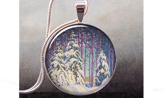 Winter Sunrise pendant, winter snow necklace charm, tree jewelry resin pendant, snow jewelry