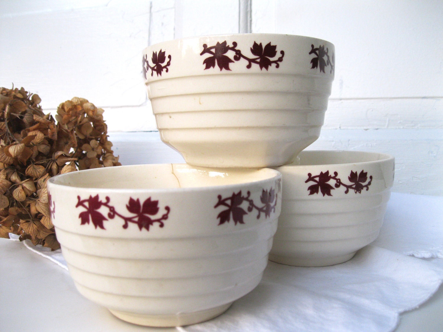 Vintage Bowls-Rustic-30's-Cream-Burgundy Leaves-Ridged-Three from Tessiemay