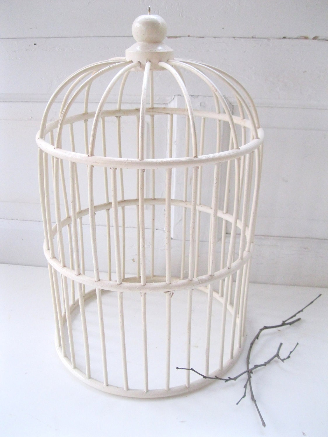 Vintage Shabby White Wicker Cloche Bird Cage Wedding by tessiemay