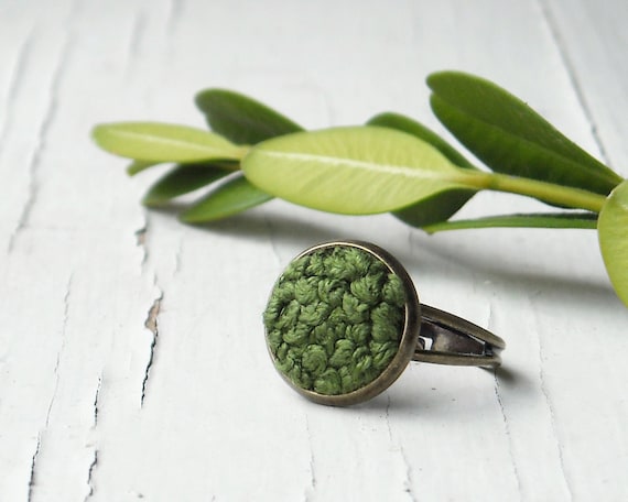 15% off sale - Woodland Moss Ring - Spring Fashion Jewelry, Garden Green Embroidery in Brass, Adjustable