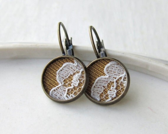 Floral Lace Ring, Mustard Yellow Fabric Jewelry, White Vintage Lace Fashion, Brass, Adjustable