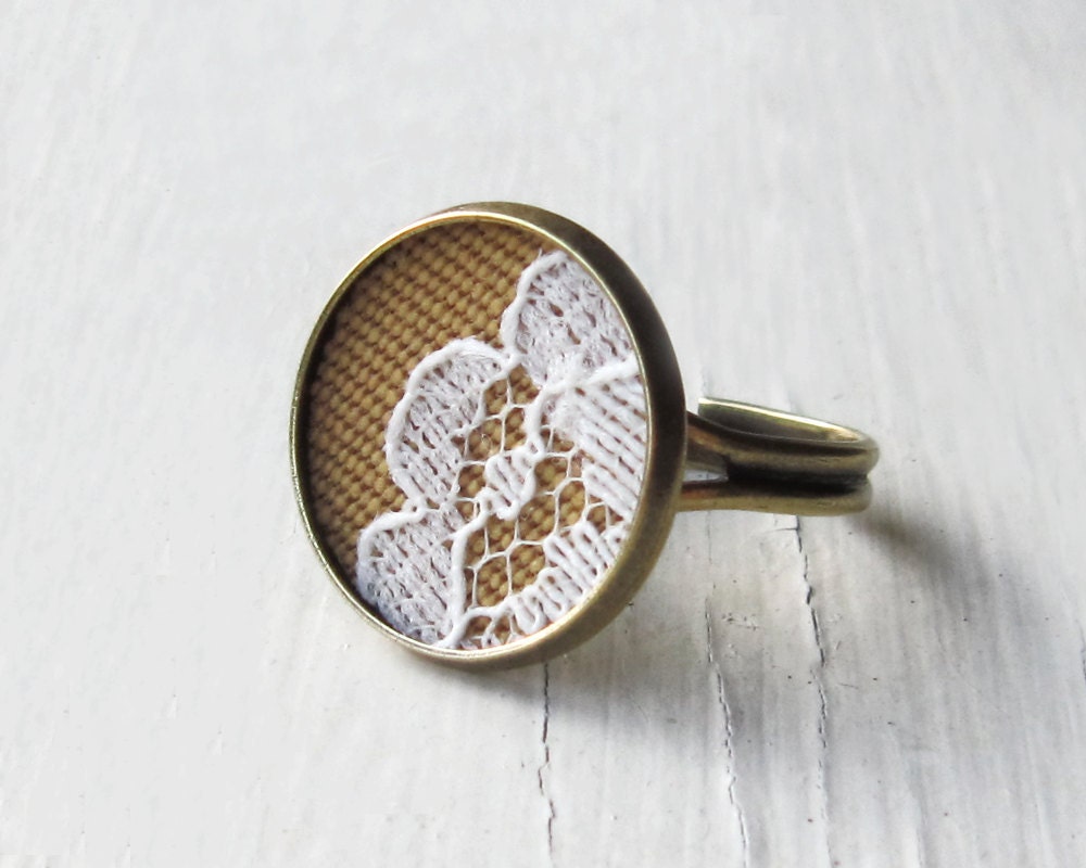 Floral Lace Ring, Mustard Yellow Fabric Jewelry, White Vintage Lace Fashion, Brass, Adjustable