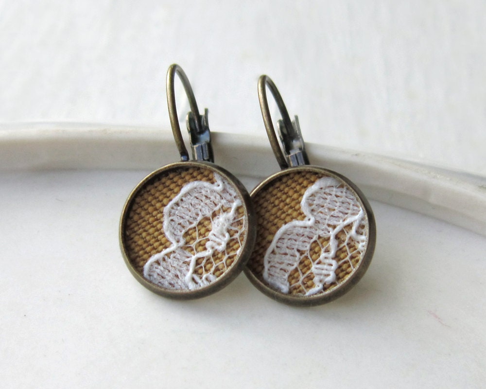 Floral Lace Ring, Mustard Yellow Fabric Jewelry, White Vintage Lace Fashion, Brass, Adjustable