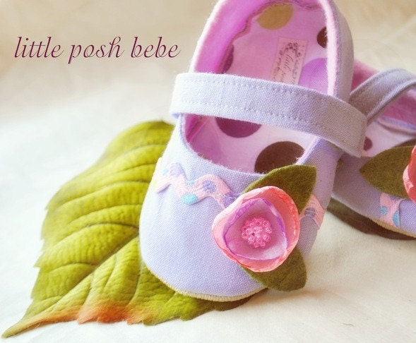 Baby Shoes Seraphina Lavender Mary Janes embellished with light pink and lavender poppy flower and polka dot embellishments (Size 1-4)