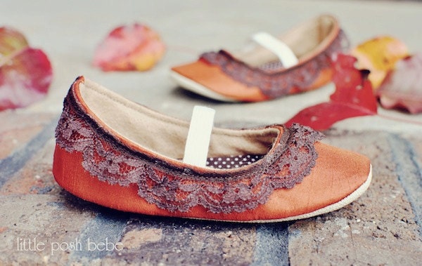 Toddler Shoes Carmel Copper Mary Janes with Brown lace ruffle embellishment (Size 5-13)