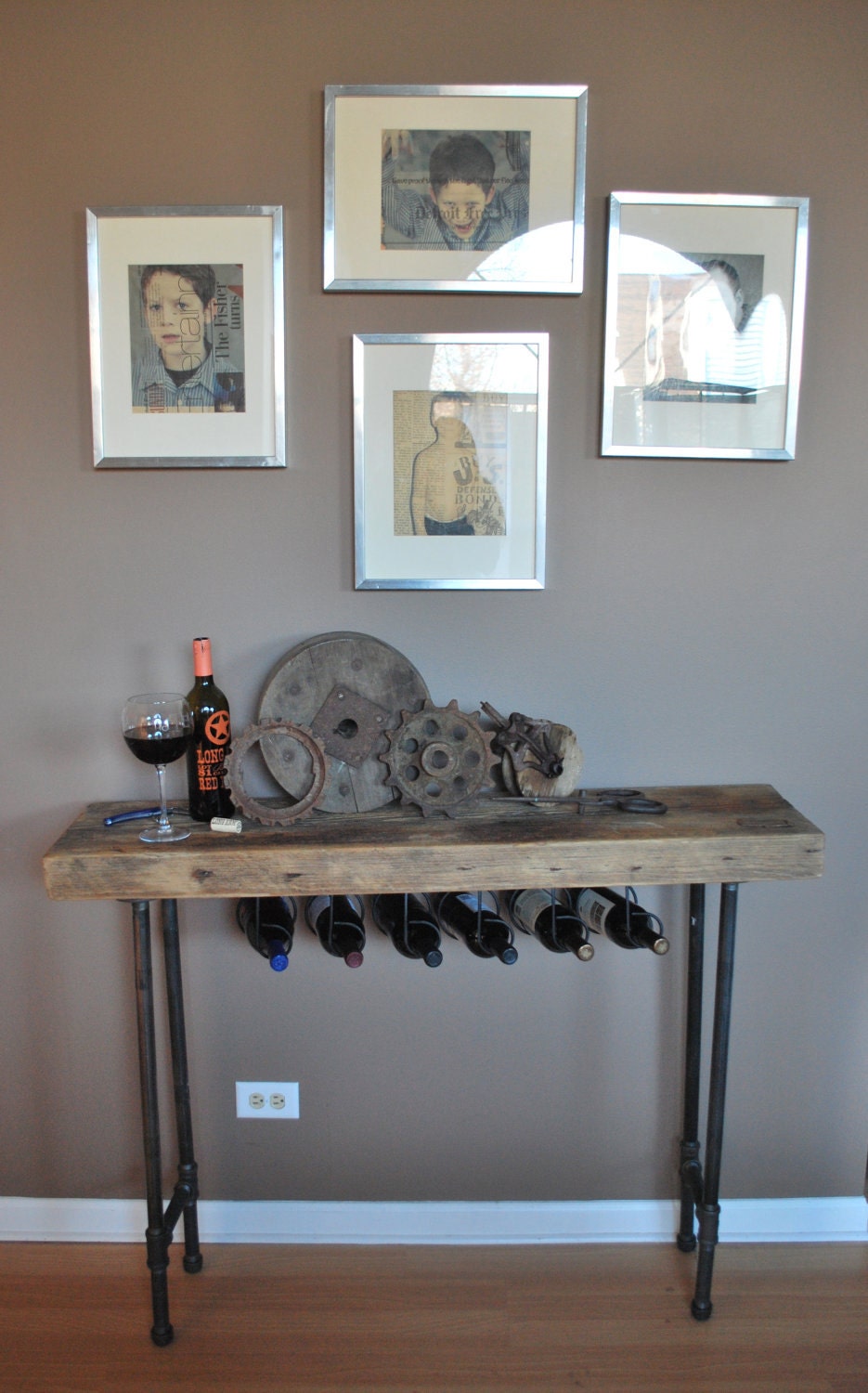For Joe M- Thick 2.5" Top (36"L x 11.5"w x 35"h) Console with Wine Rack/ and Pipe Legs