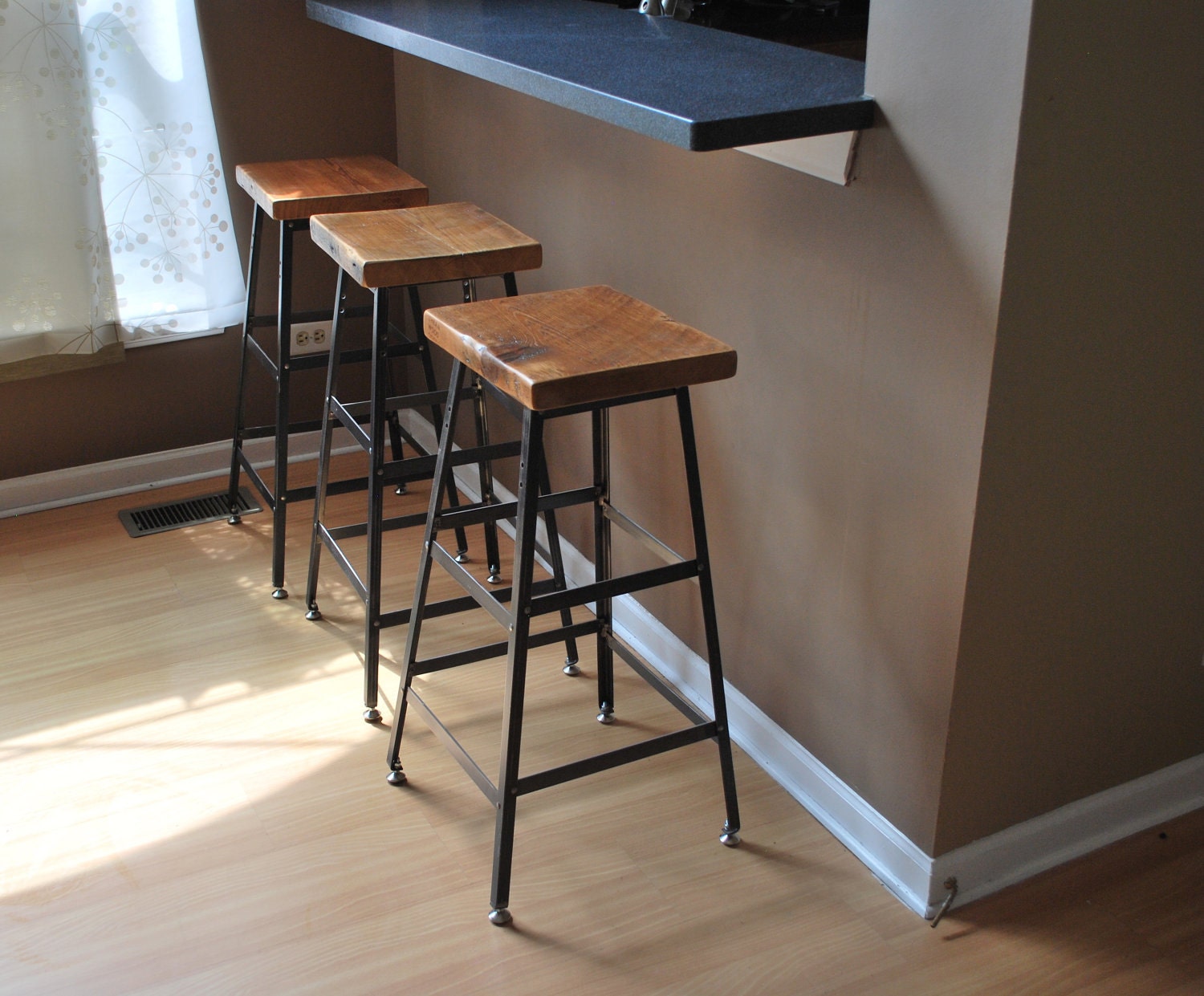 Reclaimed Wood and Steel Industrial Shop Stool. Made in Chicago. Qty (1) 18" table height stool. QUICK SHIPPING