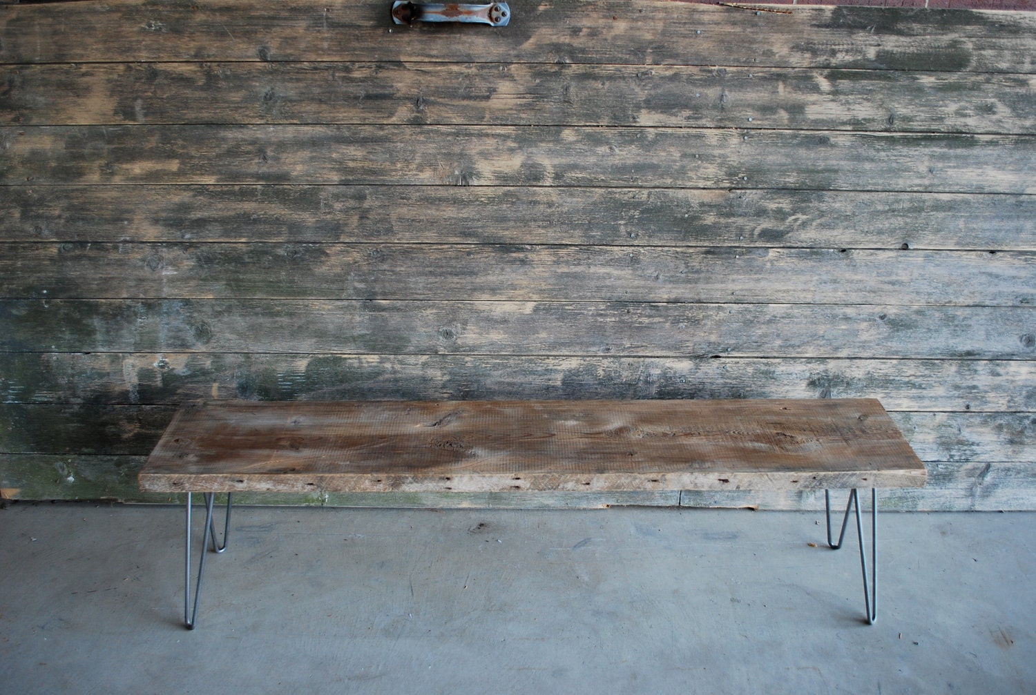 4 ft Industrial bench with mid century steel hairpin legs (free shipping) 4 ft lx 11.5" x 18" tall