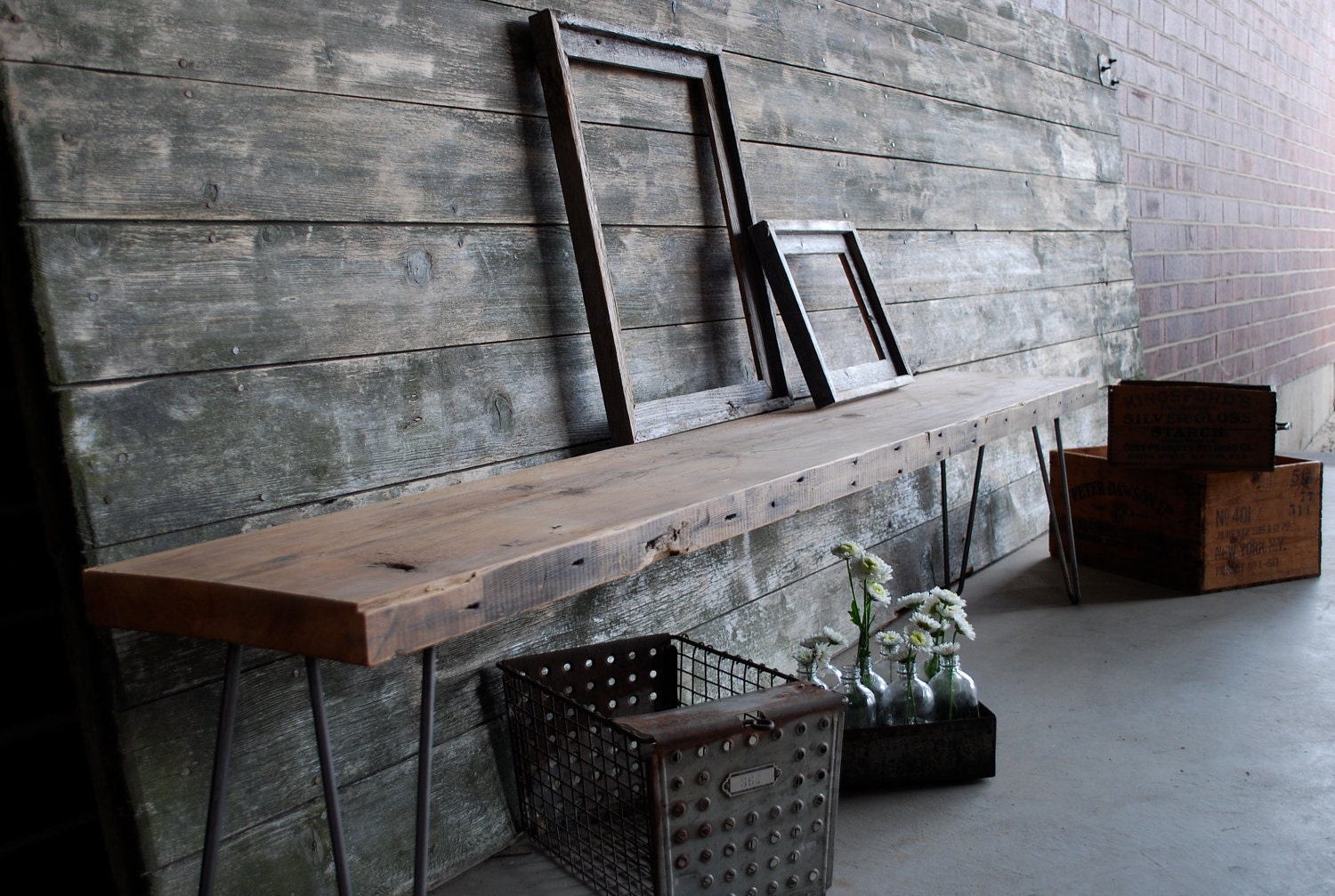 4 ft Industrial bench with mid century steel hairpin legs (free shipping) 4 ft lx 11.5" x 18" tall