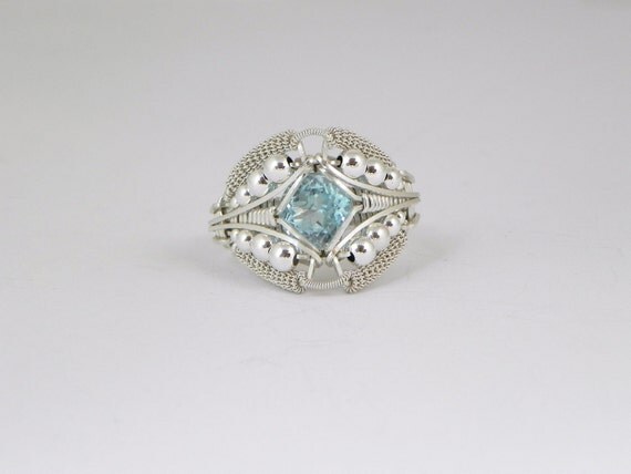Faceted Swiss Blue Topaz Argentium Sterling Silver Wire Wrap Ring
