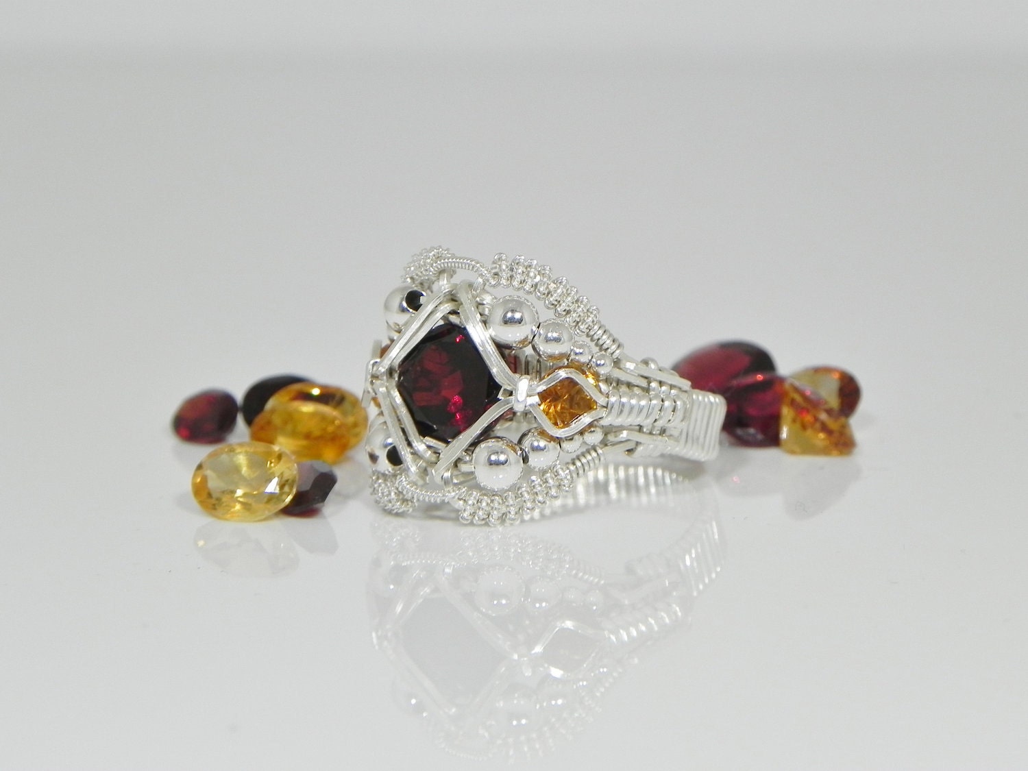 Faceted Garnet Argentium Sterling Silver Wire Wrap Ring