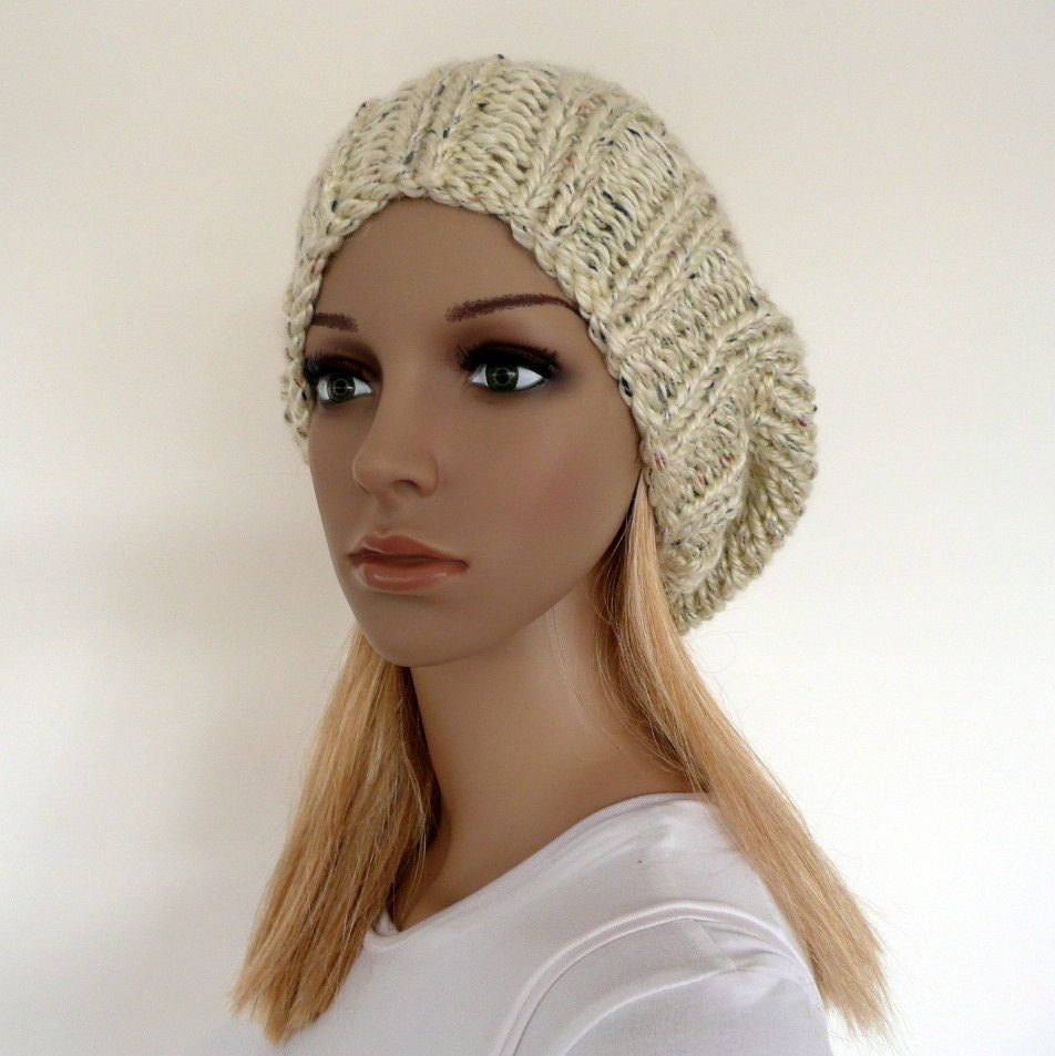 Hand Knit Hat  Slouch beanie  in cream slouchy hat Womens hat