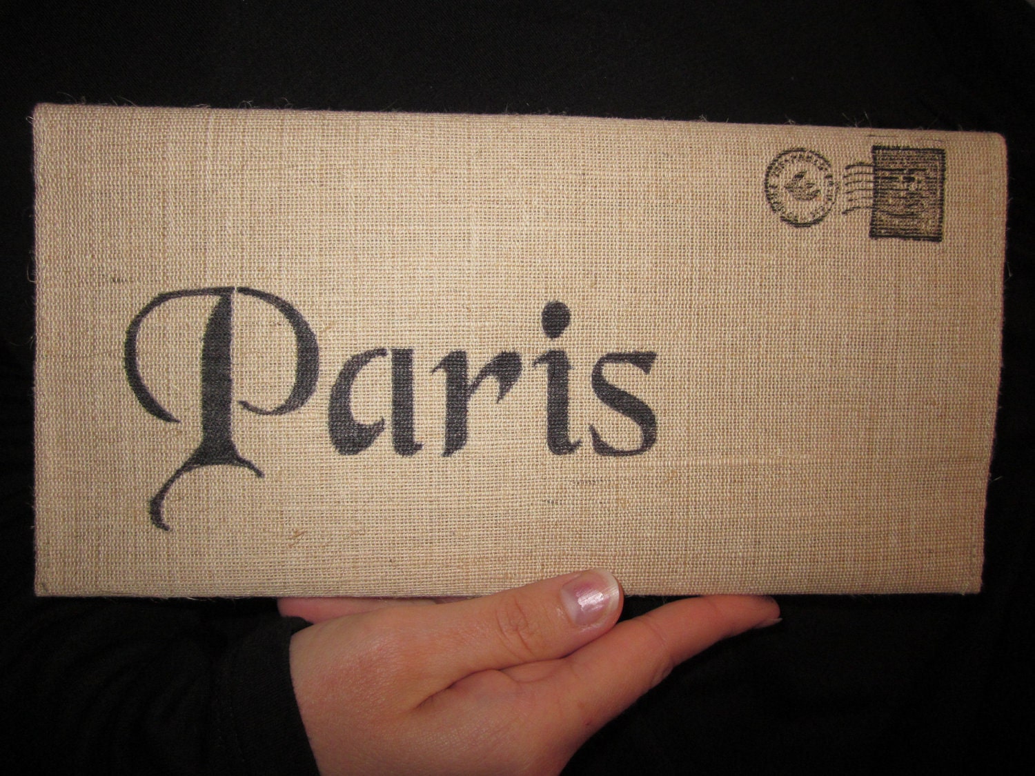 Hand Stencilled Paris Cotton Canvas Envelope Clutch Bag   City Bag Purse