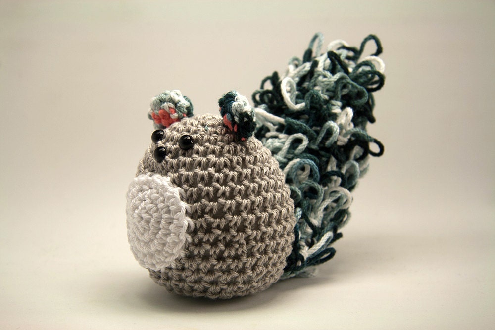 Squirrel Pincushion Amigurumi in Black White and Grey