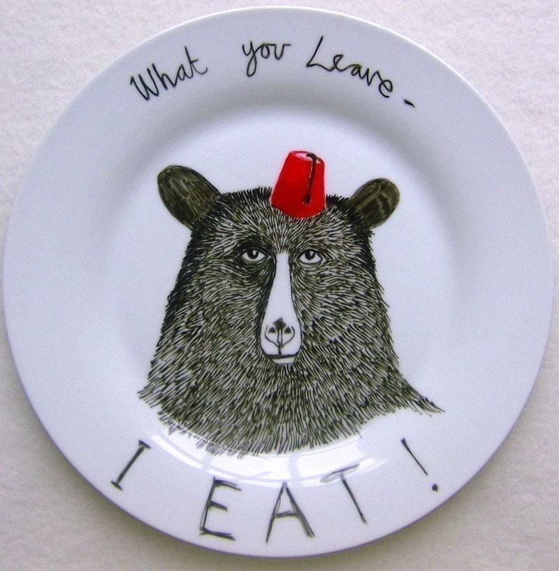 Side Plate - Hand Painted - Hungry Bear in Fez