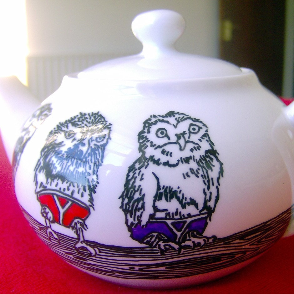 Hand Drawn Teapot - Owls in Pants