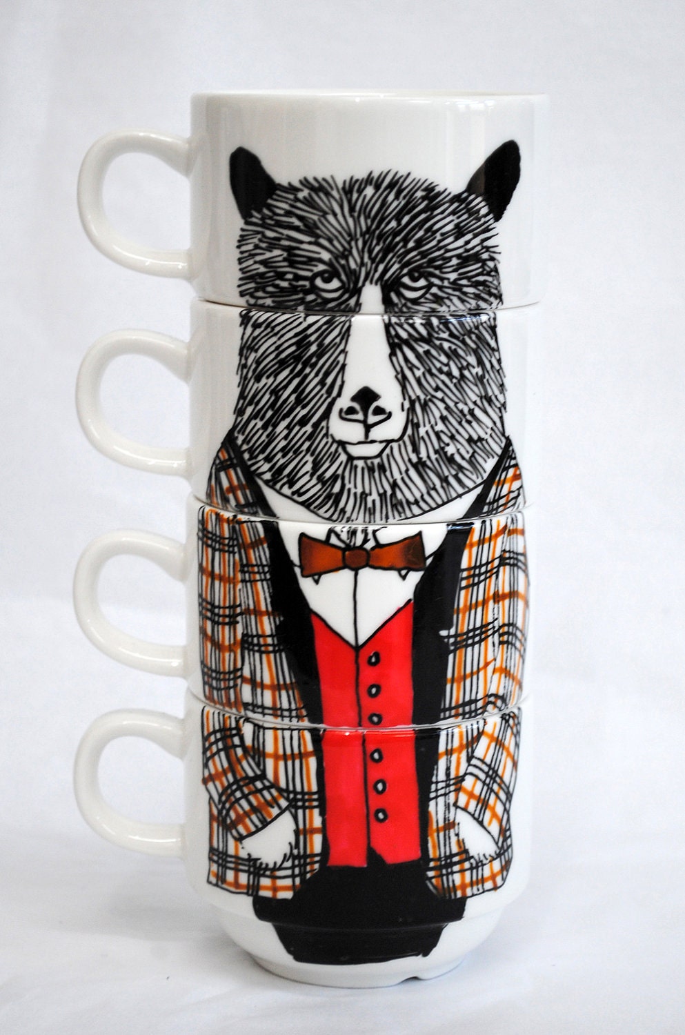 Hand painted set of 4 espresso cups - Mr Bowtie Bear