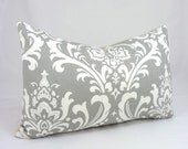 Designer Lumbar Pillow Cover in Ozborne Storm - 12x18 inch (Gray and White Damask)