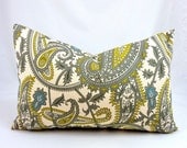 Designer Lumbar Pillow Cover in Henna Citrine Natural - 12x18 inch (Grey, Yellow, Blue Paisley Floral on Off-White)