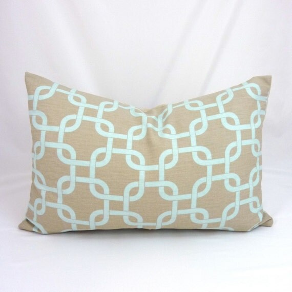 Designer Lumbar Pillow Cover in Gotcha Powder Blue - 12x18 inch (Light Aqua Chain Link on Gray/ Taupe)