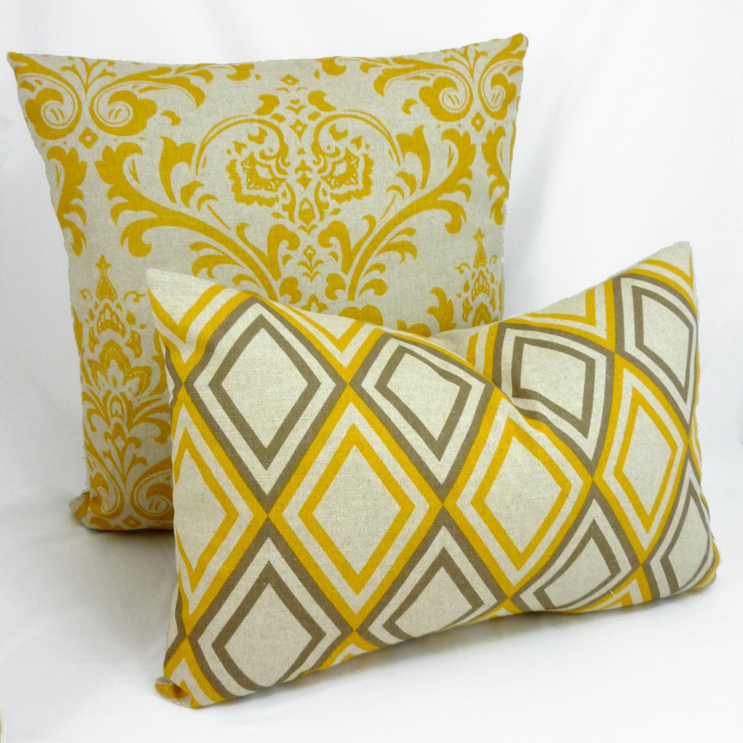 Designer Lumbar Pillow Cover in Annie Yellow/Kelp - 12x18 inch (Mustard Yellow and Grey Diamond on Natural Linen)
