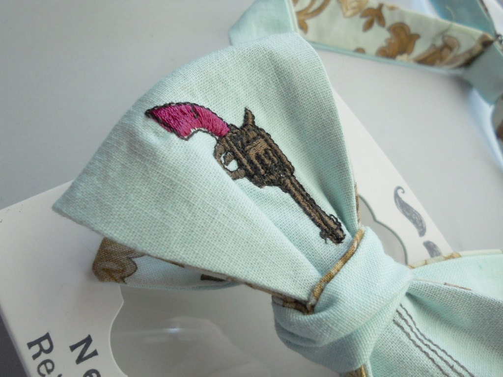 Pistol and Bullet Bowtie in Gray Jade Linen-Freestyle-Adjustable-Reversible-Hand Stiched