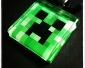 Creeper, Green, MineCraft, Video Geeky Gamer Cube, Black Necklace Nerd