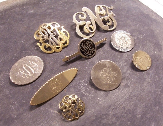 VINTAGE Monogram PINS Brooches Monogram Initials Silver and Gold Enamel Nine (9) Ready to Wear Vintage Jewelry Destash (J173)