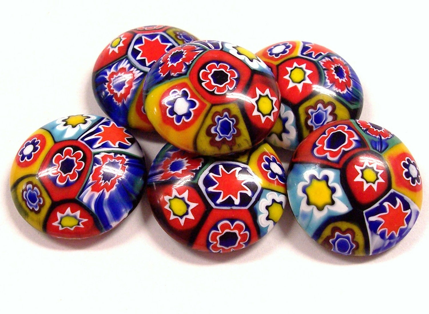 VINTAGE Murano Millefiori Cabochons 21mm MILLEFIORI Six (6) Round Mosaic Cabochons Unused Store Stock Jewelry Destash (Y100)