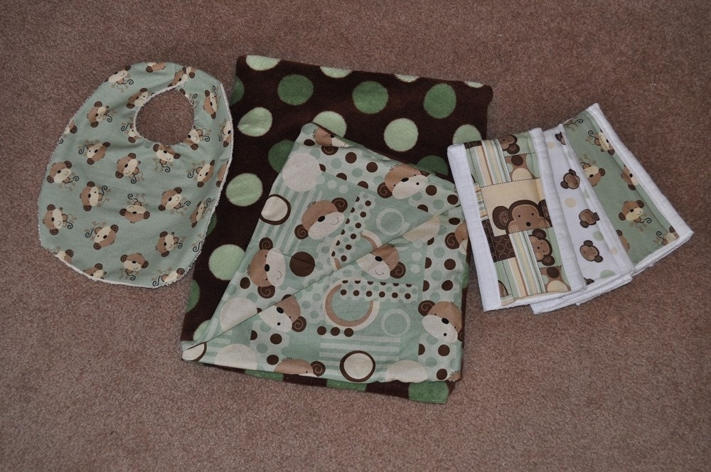 Baby Shower Matching Gift Set - Handmade Blanket, 3 pc Burp Cloths, and Bib (YOU choose colors)