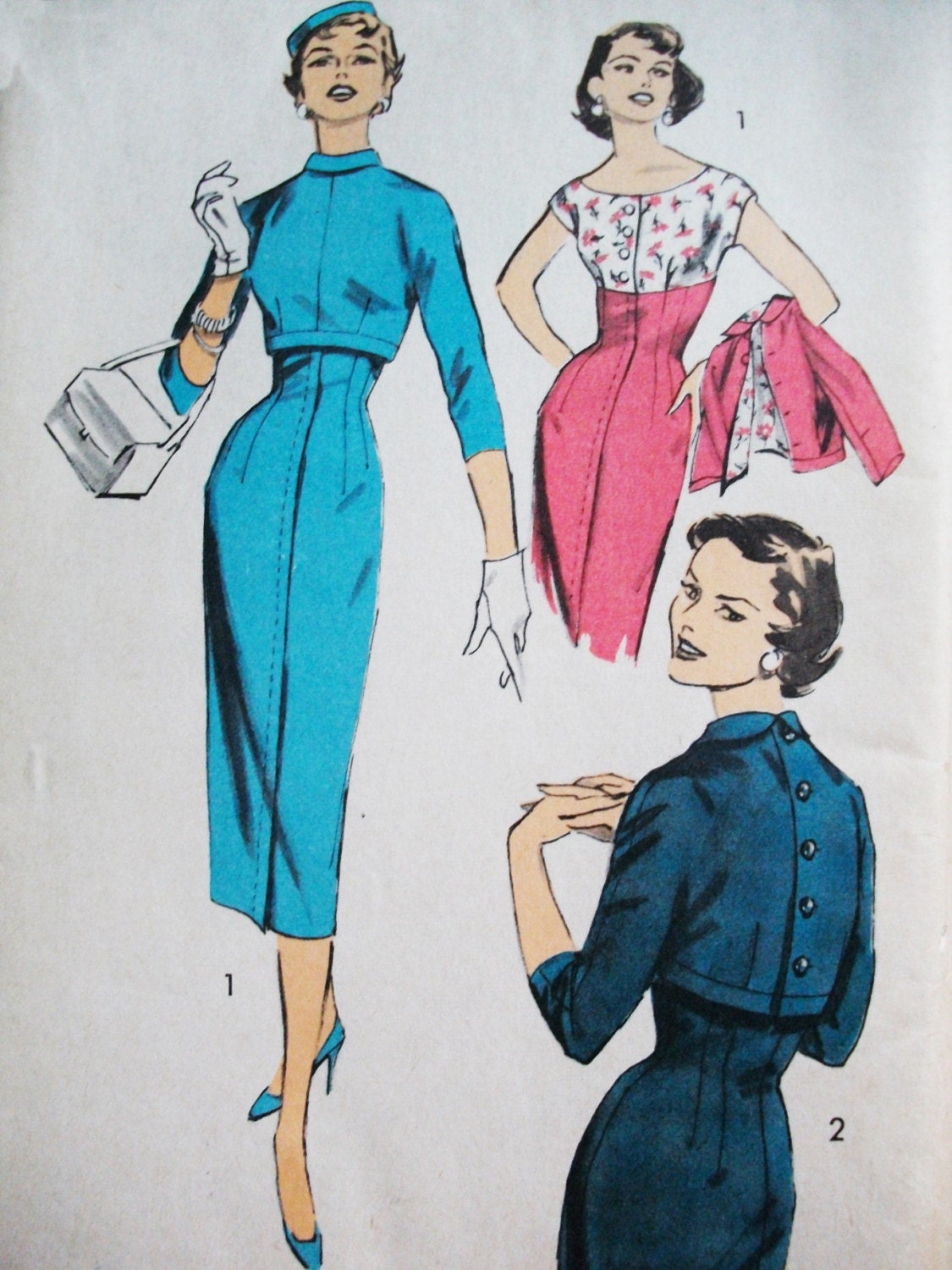 1950s Advance Sewing Pattern 7918 Size 14 Bust 32 Gorgeous Sheath Wiggle Dress and Back Buttoned Bolero