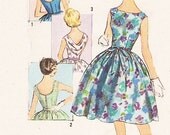 1960s Simplicity Pattern 3965 Bust 34 Size 14 Party Dress with Dipped Cowl or Button Strap Back Rockabilly