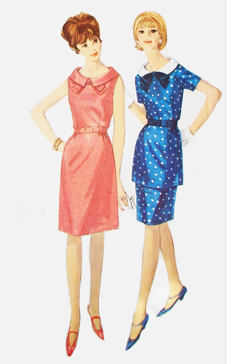 1960s Simplicity 5914 Bust 32 Size 12 Vintage Sewing Pattern Belted Slim Dress with Bowed Collar and Optional Peplum Very Mad Men