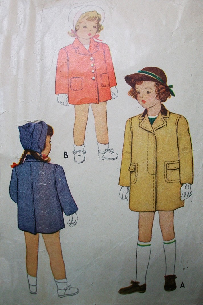 40s McCall 5315 Girls Coat Size 3 Years Breast 22, Lined Jacket, Optional Lapped Buttons, WWII