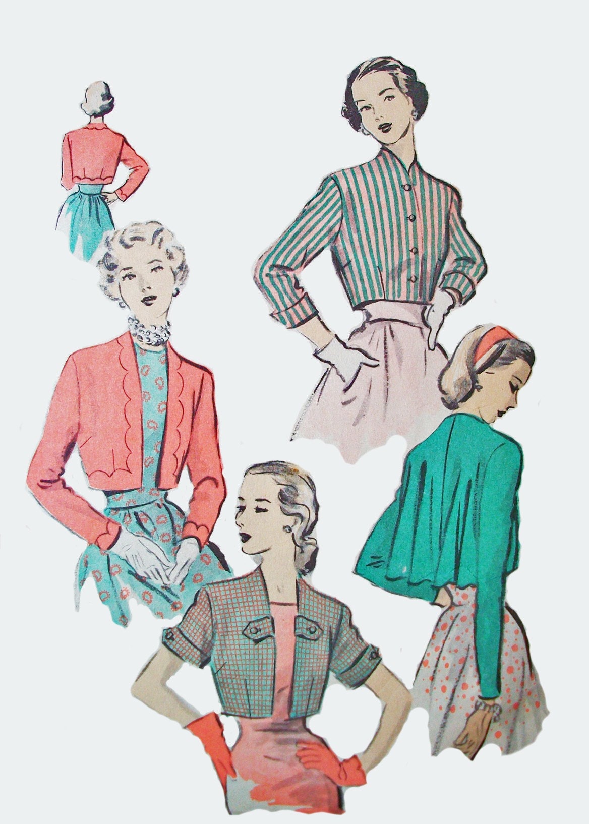 1940s  Advance 5186 Bust 30 Size 12 Bolero Pattern Four Different Jackets Scalloped Fitted Loose Cuffed Buttoned Tabs
